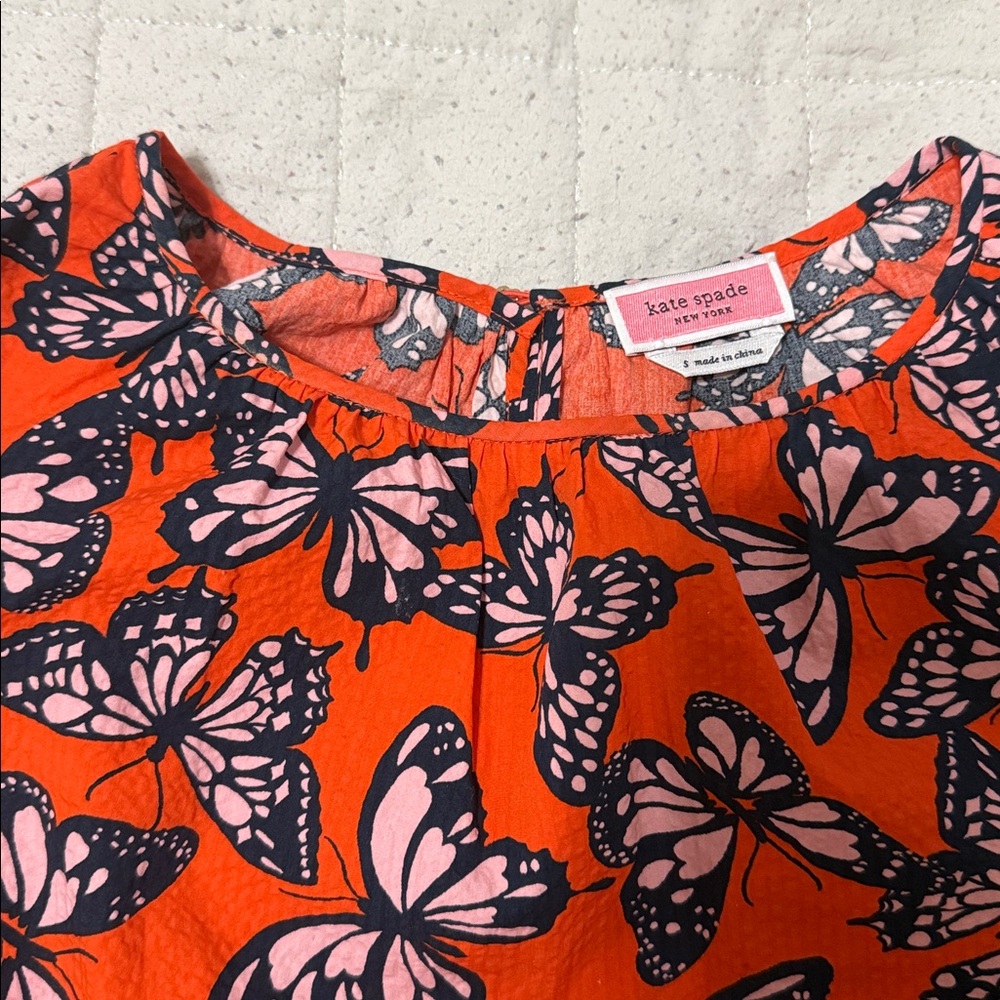 Kate Spade butterfly top with ruffle sleeves. Pink, blue and orange. Small NWT. - Picture 2 of 6